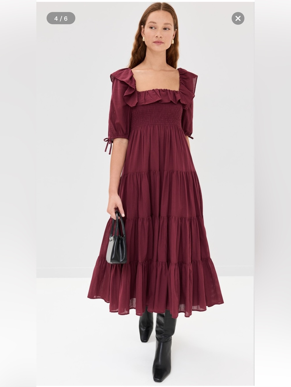 HILL HOUSE CORINNE BURGUNDY SMOCKED TIERED MAXI DRESS SIZE SMALL